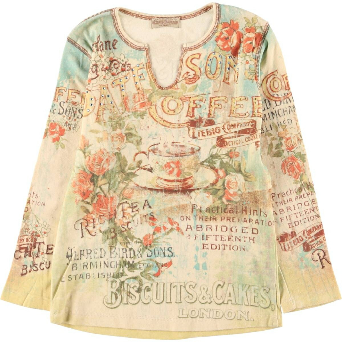 古着 90~00年代 skinny minnnie 七分袖 スリットネック オールオーバープリント ラインストーン付き ロングTシャツ ロンT USA製 レディースS相当/eaa582788 楽天市場】古着 90~00'S skinny minnnie 七分袖 スリットネック オール