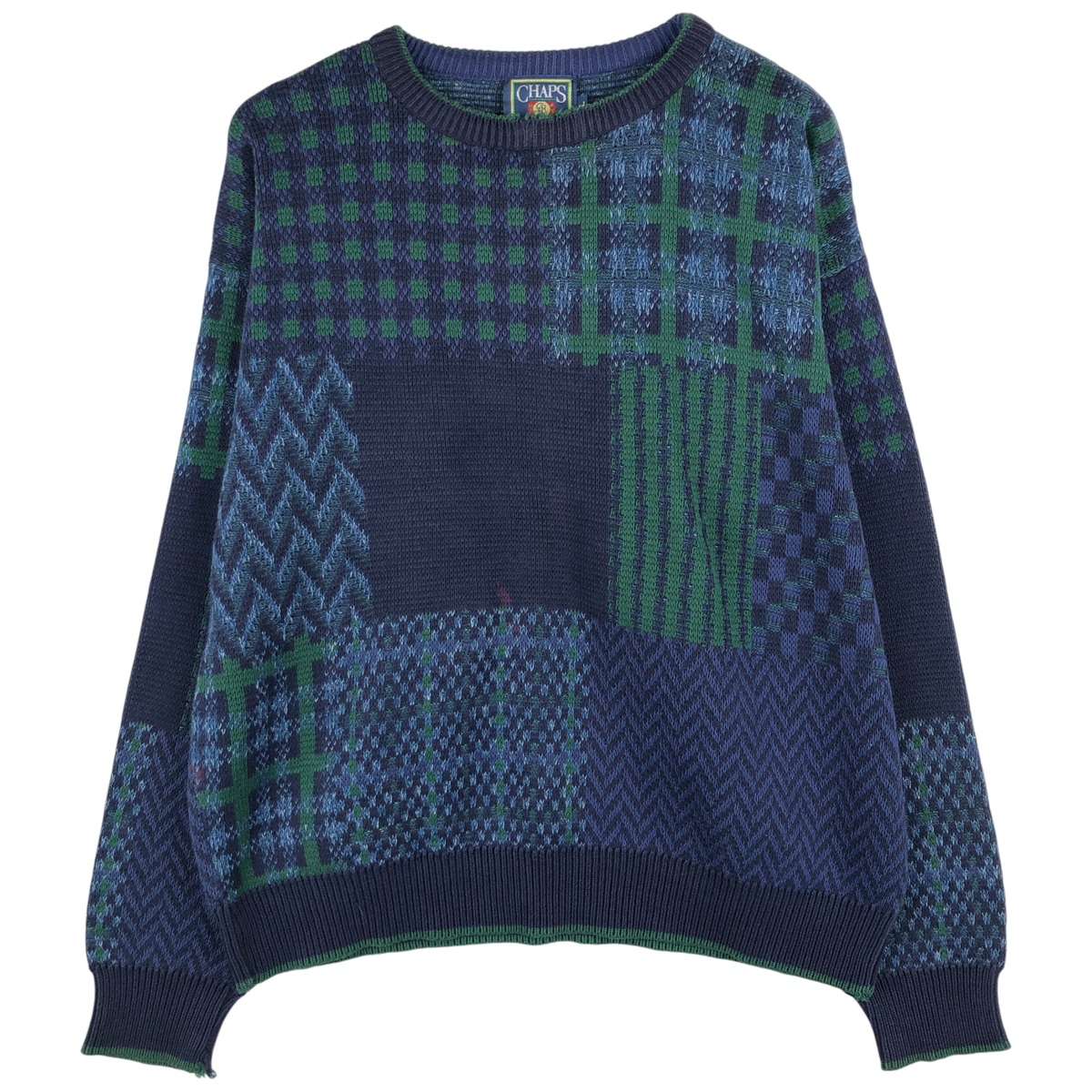 古着 90'S ラルフローレン Ralph Lauren CHAPS チャップス チェック柄 総柄 コットンニットセーター USA製 メンズL相当 ヴィンテージ /eaa599619 【中古】 【251227】 【NH-2508】