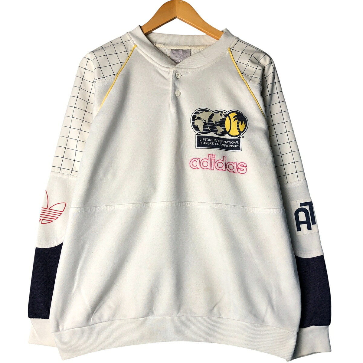 古着 80'S アディダス adidas チェック柄 ヘンリーネック プリントスウェットシャツ トレーナー メンズL相当 /eaa602553 【中古】 【251203】