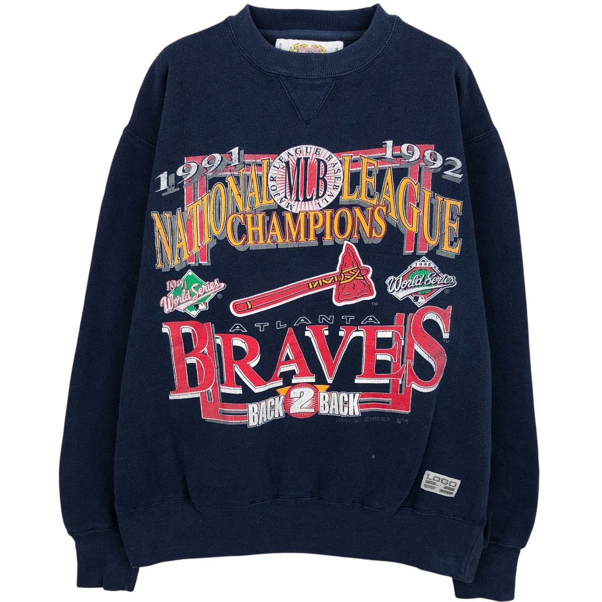 古着 90'S ロゴセブン MLB ATLANTA BRAVES アトランタブレーブス プリントスウェットシャツ トレーナー メンズL相当 ヴィンテージ /eaa610295 【中古】 【260214】 ネイビー系 春夏秋冬