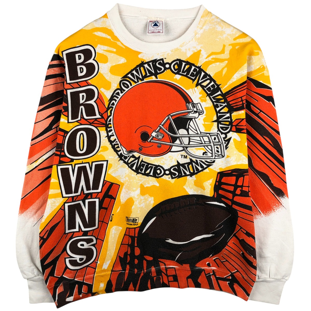 古着 90'S DELTA FIFTY-FIFTY NFL CLEVELAND BROWNS クリーブランドブラウンズ オールオーバープリント プリントスウェットシャツ トレーナー USA製 メンズXL相当 ヴィンテージ /eaa610768 【中古】 【260208】 ホワイト系 春夏秋冬