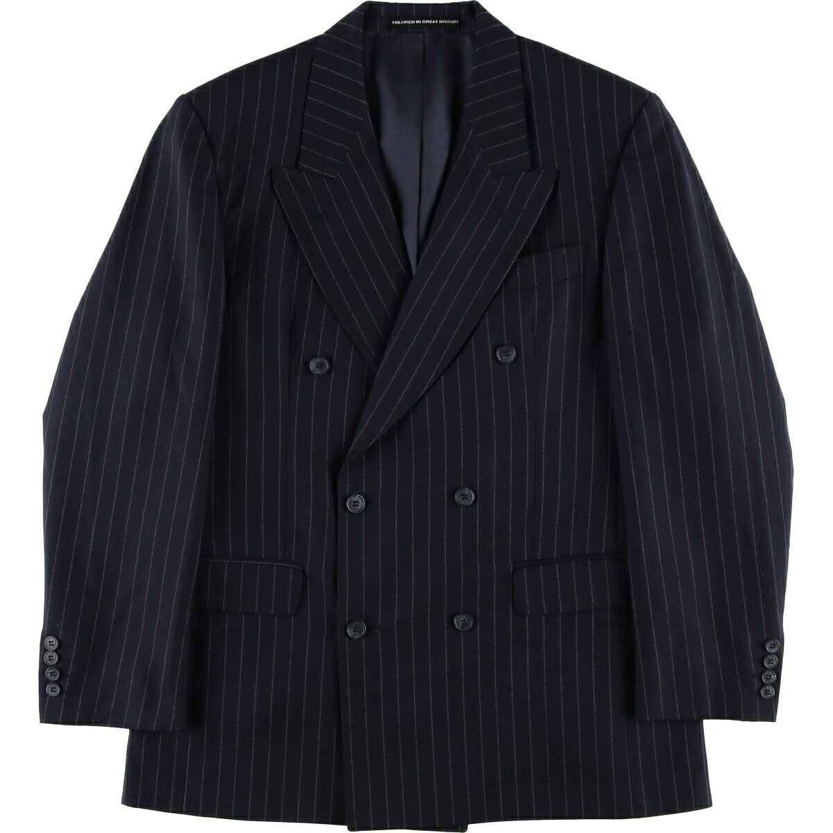 古着 The British Tailor ストライプ柄 ピークドラペル ダブルブレスト ウールテーラードジャケット 英国製 メンズM相当 /eaa613303 【中古】 【260215】 ネイビー系 春秋冬