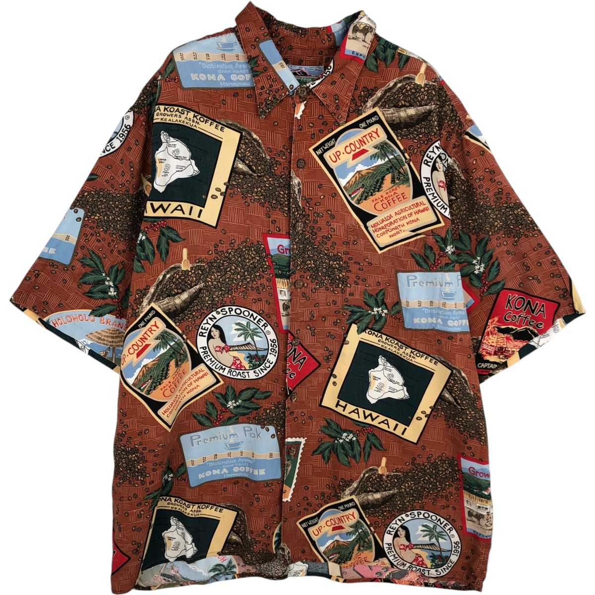 古着 90'S レインスプーナー REYNSPOONER ダイヤモンドヘッドタグ 総柄 レーヨン ハワイアンアロハシャツボックスシャツ ハワイ製 メンズXL相当 ヴィンテージ /eaa614564 【中古】 【260316】 ブラウン系 春夏