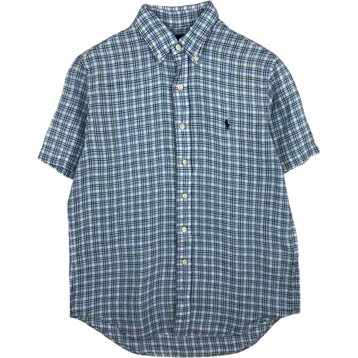 古着 ラルフローレン Ralph Lauren CLASSIC FIT クラシックフィット チェック柄 ボタンダウン 半袖 リネンシャツ メンズS相当 /eaa626417 【中古】 【260321】 【ADEL/アデル】 ブルー系 春夏
