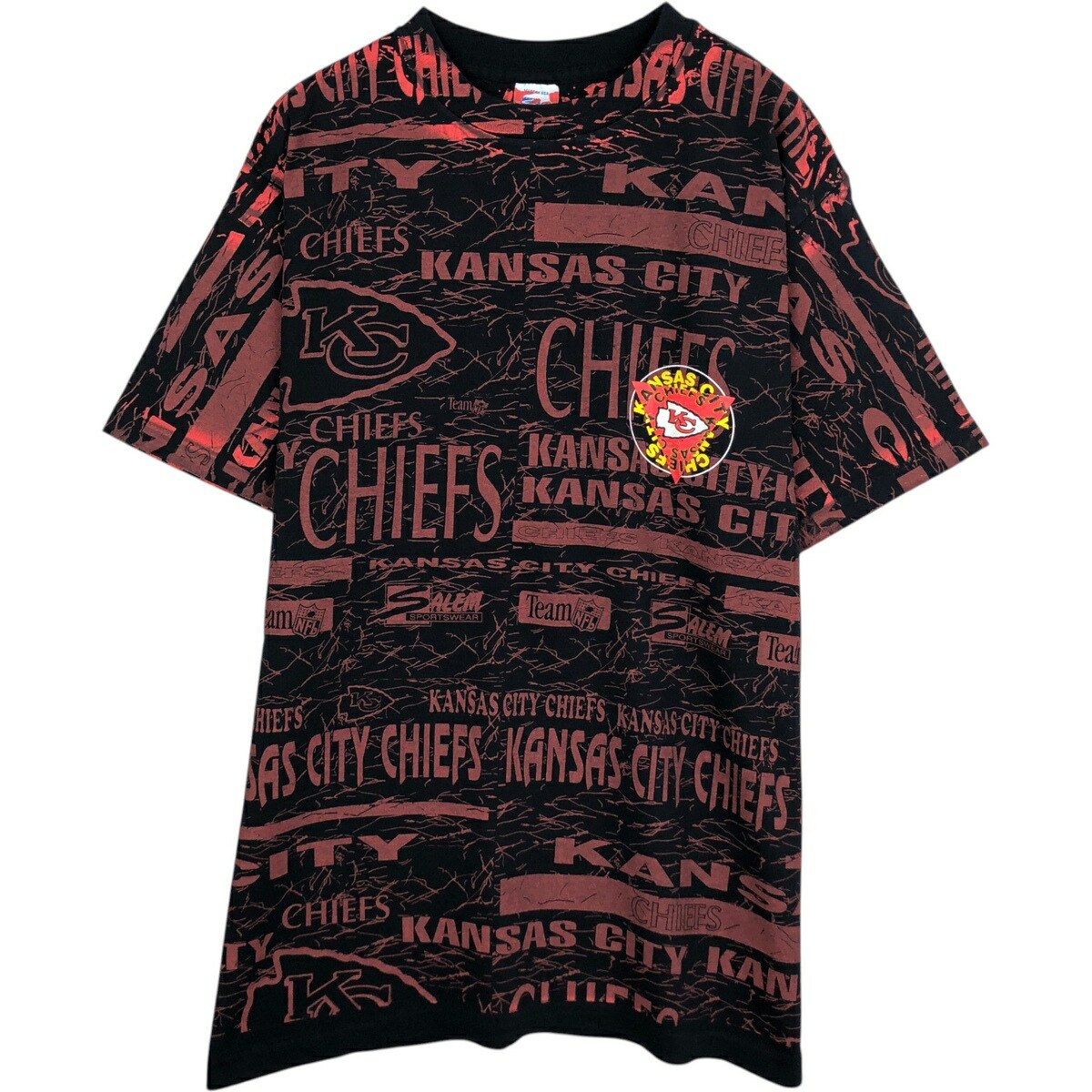 古着 90'S SALEM SPORTSWEAR NFL KANSAS CITY CHIEFS カンザスシティチーフス オールオーバープリント ロゴプリントTシャツ USA製 メンズL相当 ヴィンテージ /eaa629760 【中古】 【260404】
