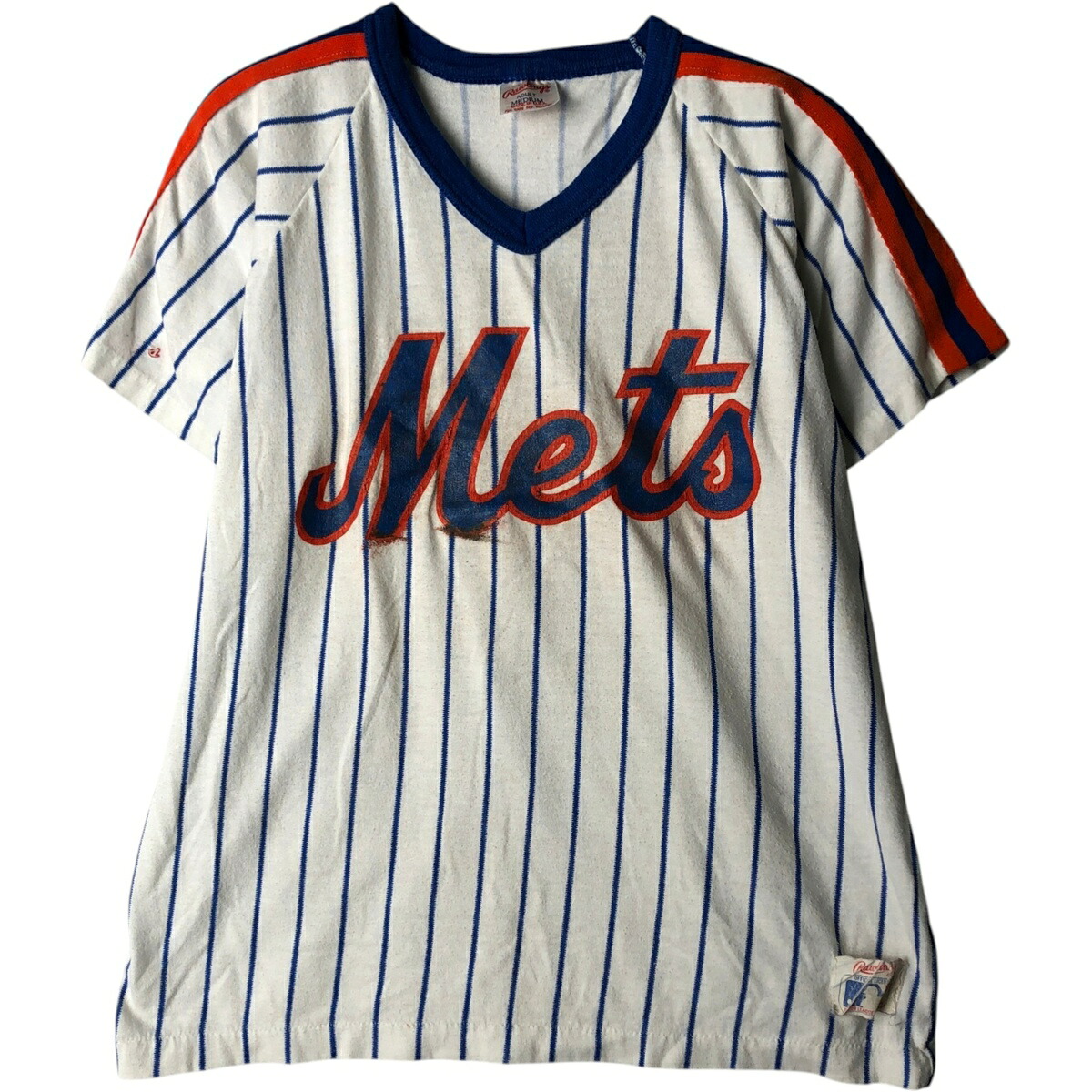 古着 ~90'S RAWLINGS MLB NEWYORK METS ニューヨークメッツ ストライプ柄 Vネック スポーツプリントTシャツ USA製 レディースM相当 /eaa630820 【中古】 【260405】 【ADEL/アデル】 ホワイト系 春夏秋