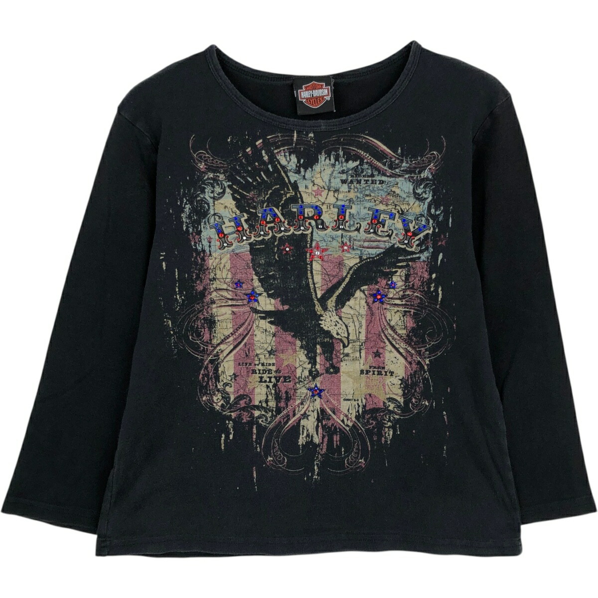 古着 ハーレーダビッドソン Harley-Davidson 鷲柄 イーグル柄 ラインストーン付き 七分袖 Tシャツ レディースM相当 /eaa633988 【中古】 【260413】 【Elulu/エルル】 ブラック系 春夏秋