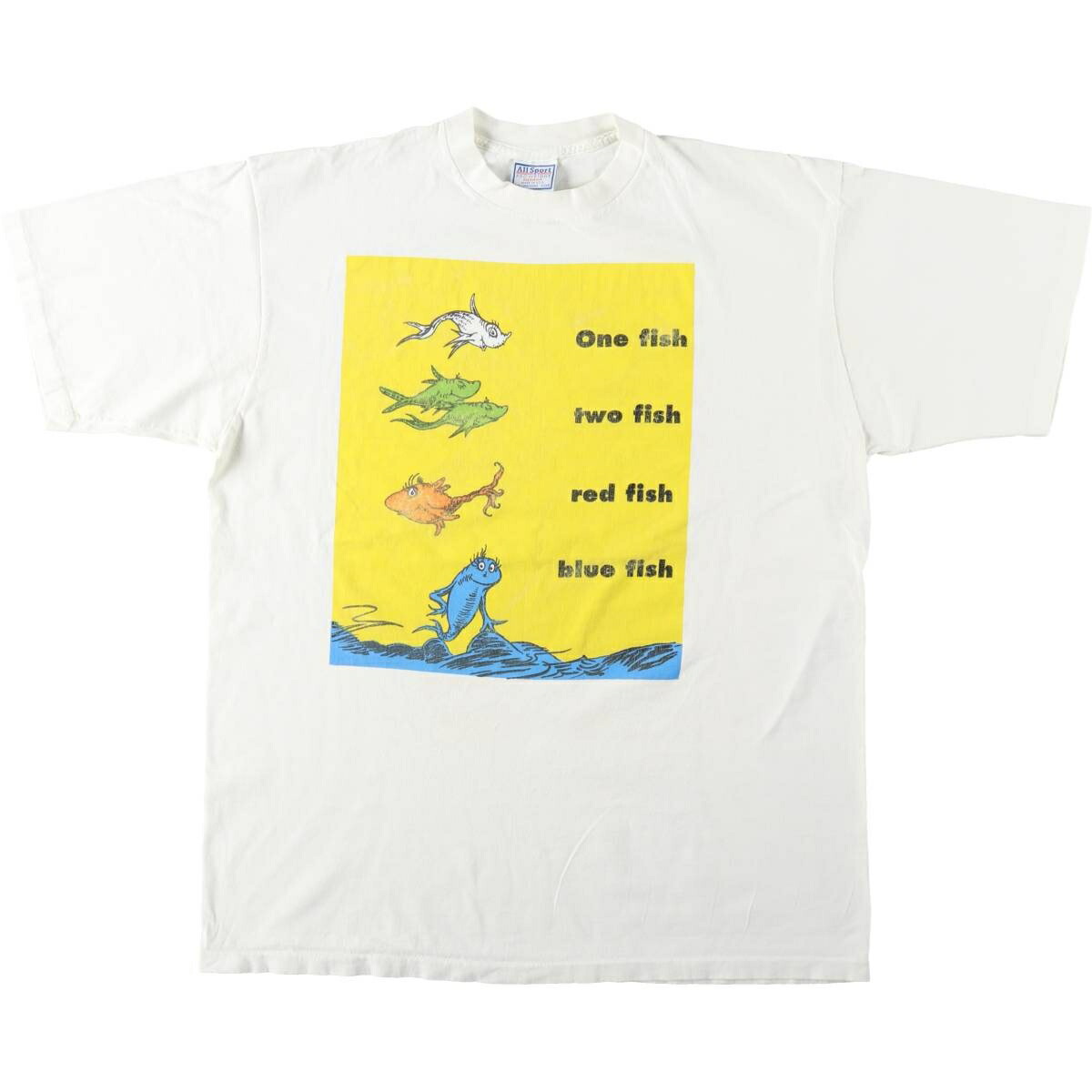 古着 ~90'S All Sport Dr.Seuss ドクタースース One Fish, Two Fish, Red Fish, Blue Fish さかながいっぱい キャラクタープリントTシャツ USA製 メンズXL相当 ヴィンテージ /eaa641873 【中古】 【260511】 【GR-UN】｜古着屋JAM