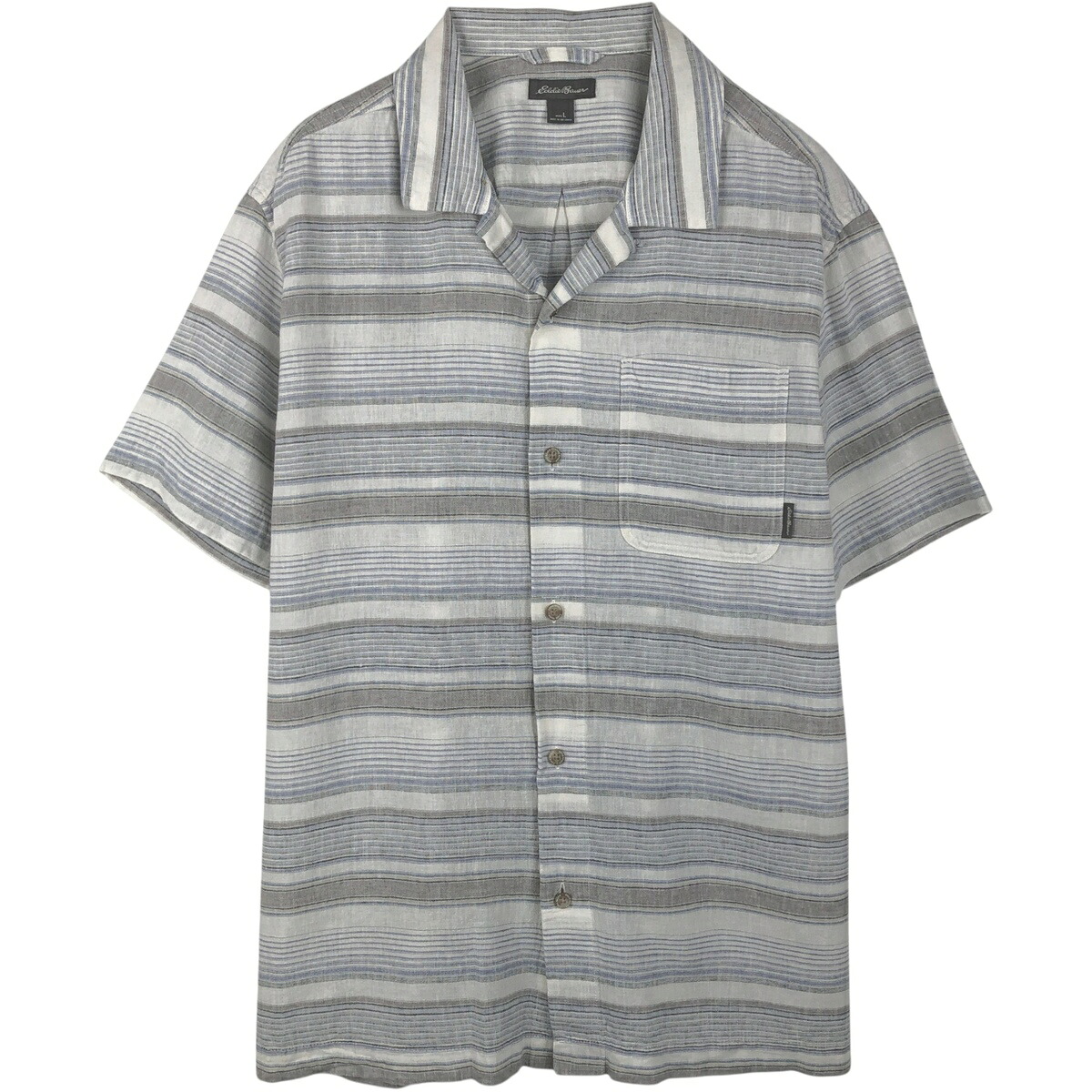 古着 エディーバウアー Eddie Bauer ボーダー柄 マルチボーダー 半袖 オープンカラー コットン&times;リネンシャツ ボックスシャツ メンズL相当 /eaa655822 【中古】 【260628】｜古着屋JAM