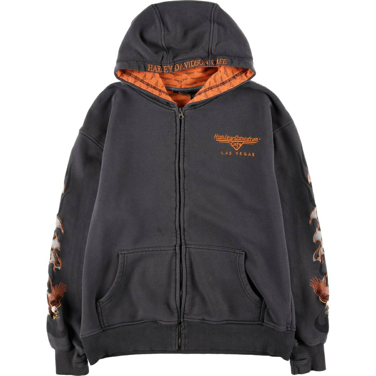 古着 ハーレーダビッドソン Harley-Davidson Cafe 鷲柄 イーグル柄 ファイヤーパターン スウェットフルジップパーカー メンズL相当 /evb034074 【中古】 【260329】 【GR-UN-2604】 グレー系 春夏秋冬
