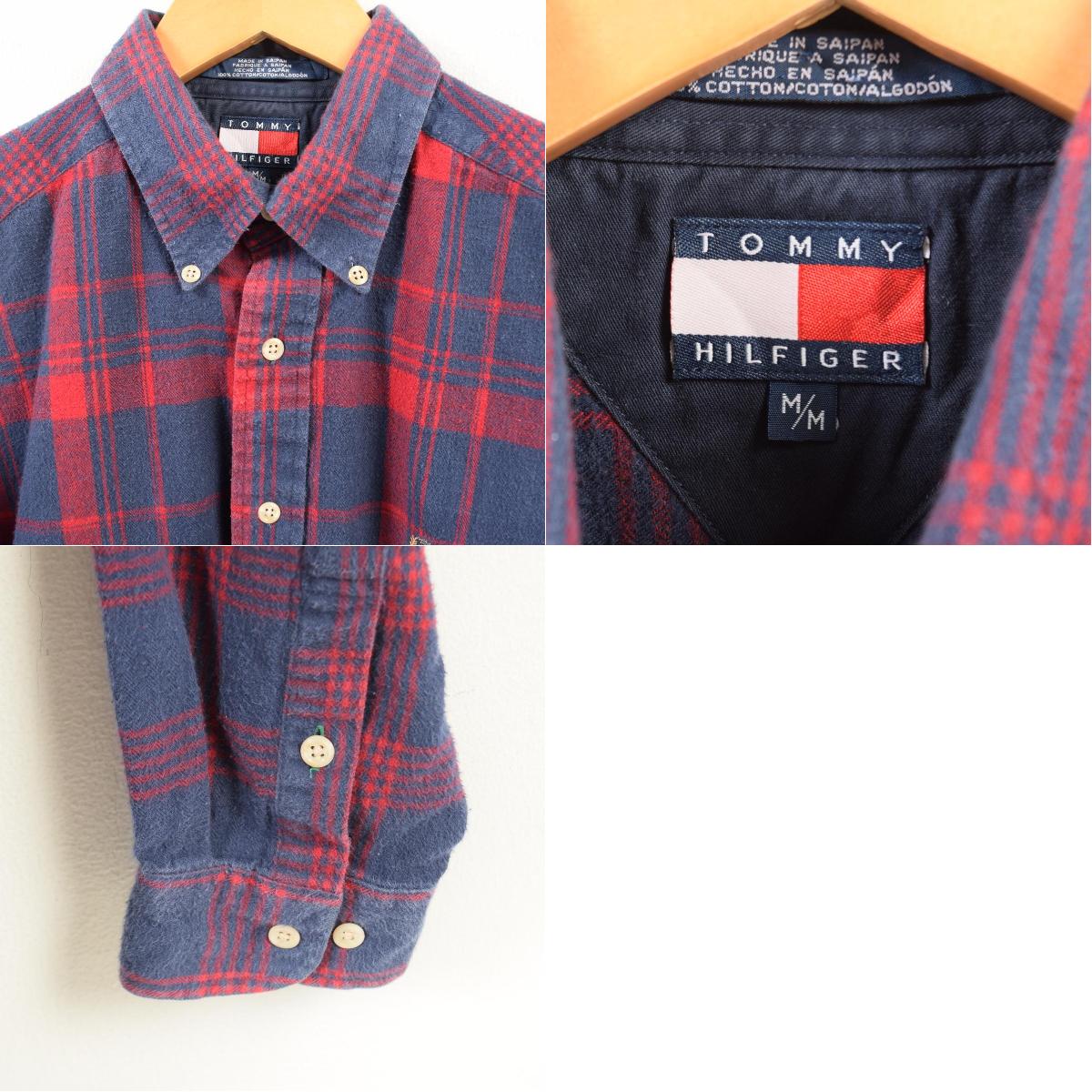 90年代tomihirufiga tommy hilfiger格子花纹长袖子按钮降低灯法兰绒