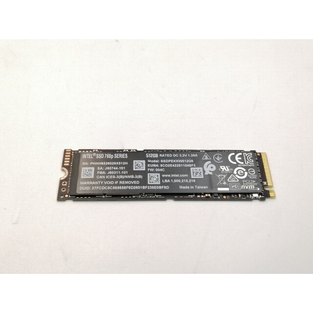 【中古】Intel SSD 760p SSDPEKKW512G8XT 512GB/M.2 2280(PCIe3.0 NVMe)/TLC【ECセンター】保証期間１週間