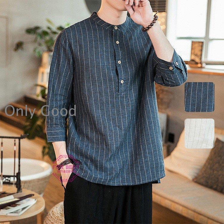半袖Tシャツ メンズ ビッグTシャツ 七分袖Tシャツ 綿麻 リネンTシャツ ストライプ柄 ワイシャツ 大きいサイズ 夏 新作 4,032円