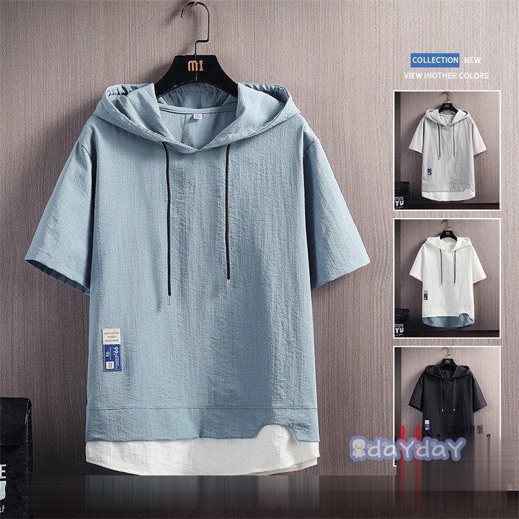 切り替え パーカー フード付きtシャツ おしゃれ メンズ トップス プルオーバーパーカー 冷感 半袖パーカー 夏服