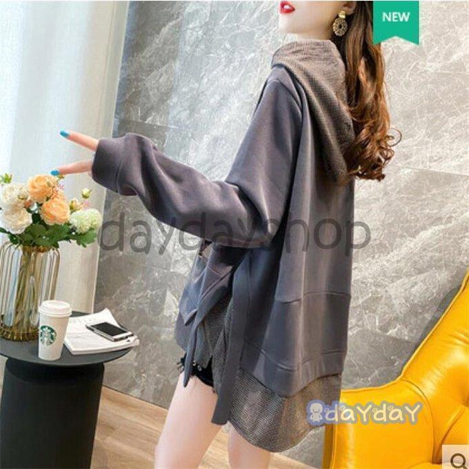 パーカー レディース レイヤード トレーナー 秋服 トップス 切替 ゆる 体型カバー 重ね着