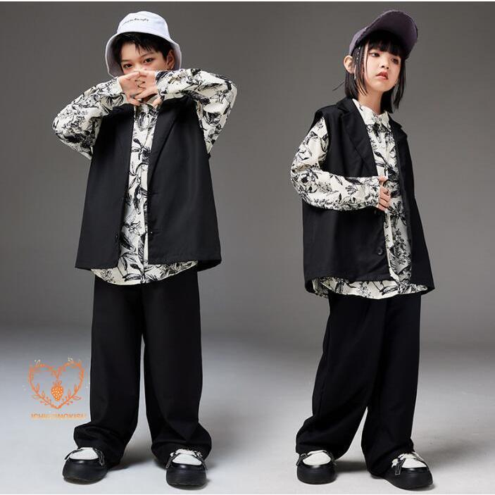 子供ヒップホップジャズダンス衣装　ジレベスト　スーツパンツ　木の花プリント長袖シャツ2点/3点セットアップ　かっこいいベストセット舞台演出服　春秋冬