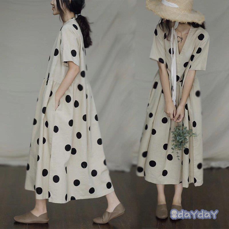 シャツワンピース レディース 麻?リネンドット柄 夏 ロング丈 半袖 シャツ 大きいサイズ ゆったり 体型カバー ロング 着痩せ カジュアル 上品 通勤