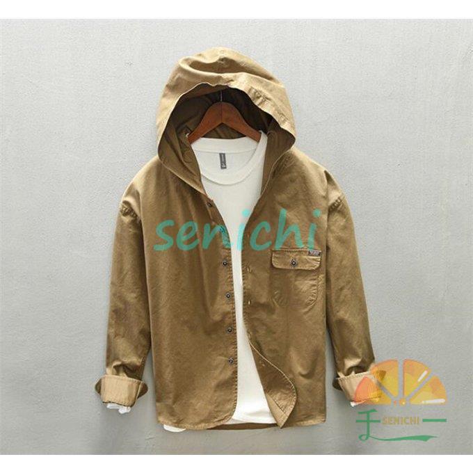 カジュアルシャツ 長袖 メンズ シャツ ジャケット 綿 フード付き 秋 春 カジュアル ミリタリー 紳士 秋服
