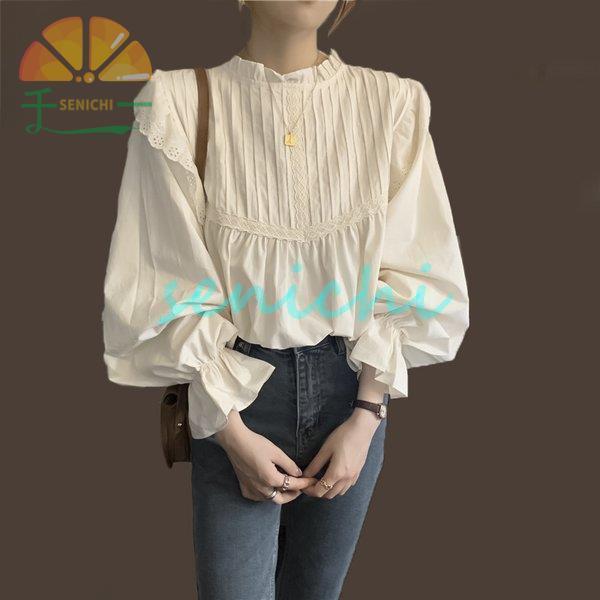 シャツ ブラウス レディース 秋服 長袖 レース ボリュームスリーブ フリルスタンドつけ襟 フリル タックネック おしゃれ シンプル ガジュアル 通勤 20 30 40