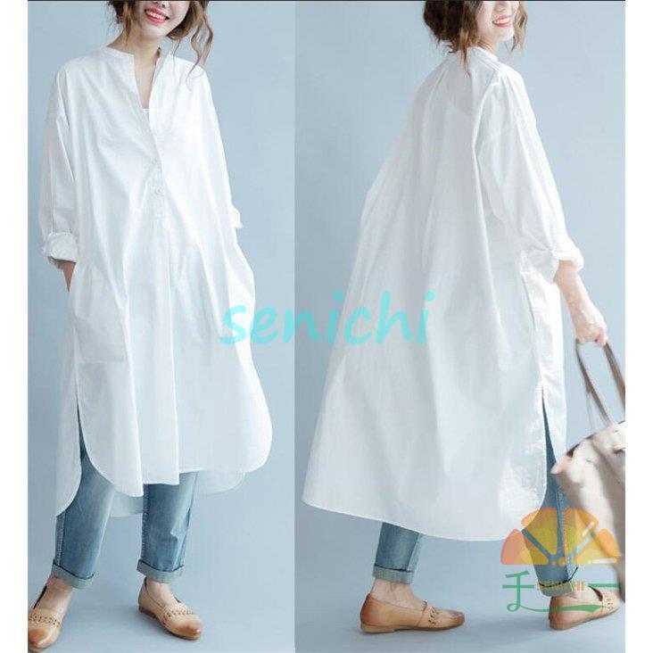 シャツ レディース 長袖 ロングシャツ 白 ブラウス ゆったり トップス カジュアル 秋 体型カバー