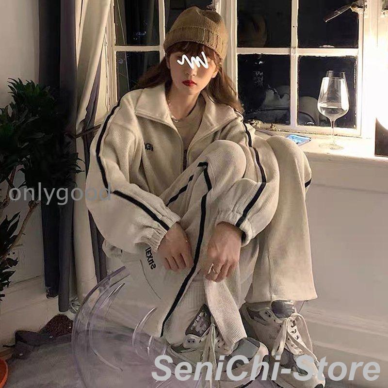 レディースファッション 2色 セットアップ スウェット ワッフル パンツ ジャージ 上下セット グレー 灰色 ネイビー 紺色 ライン フード無し パーカー