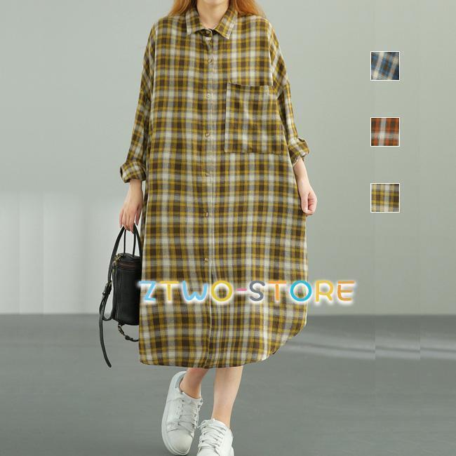 シャツワンピース ワンピース チェック柄 チェックシャツ ビッグシルエット ロング丈シャツ シャツ ゆったりワンピース 4,123円