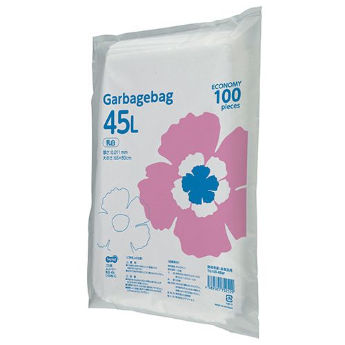 ゴミ袋経済システム 乳白半澄み切った ４５Ｌ １書き割り（１０００枚：１００枚×１０容器に並べる）