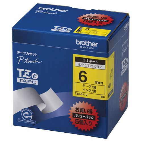 【送料無料】【個人宅届け不可】【法人（会社・企業）様限定】ピータッチ　TZeテープ　ラミネートテープ　6mm　黄/黒文字　業務用パック　1パック(5個)