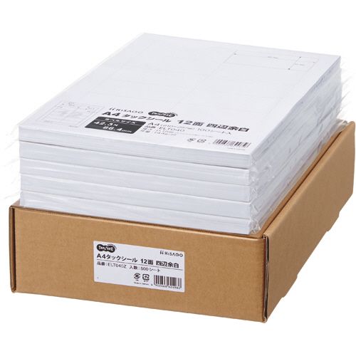 A4タックシール　業務用　12面　42.3×86.4mm　四辺余白　1箱(500シート:100シート×5冊)