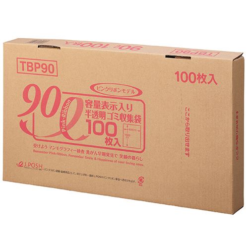 【送料無料】【個人宅届け不可】【法人（会社・企業）様限定】容量表示入ゴミ袋　ピンクリボン　乳白半透明　90L　BOX　1セット(400枚:100枚×4箱)
