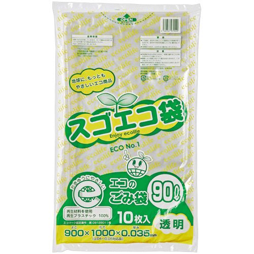 【送料無料】【個人宅届け不可】【法人（会社・企業）様限定】スゴエコ袋(再生)　透明　90L　厚さ0.035mm　1セット(300枚:10枚×30パック)【イージャパンモール】