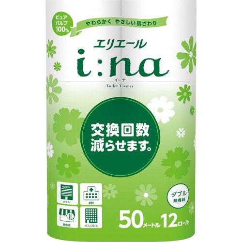 エリエールi:naトイレットティシューダブル　芯有　50m　無香料　1セット(72ロール:12ロール×6パック)