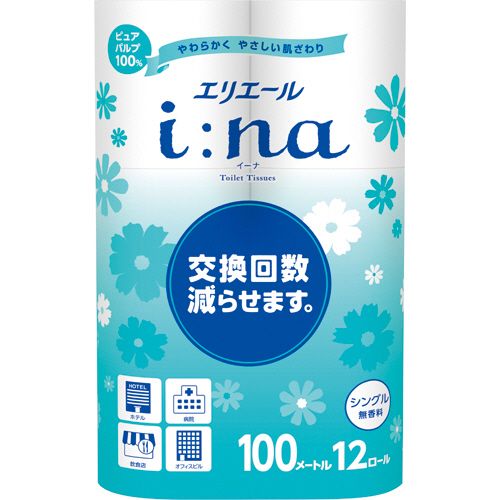 【送料無料】【個人宅届け不可】【法人（会社・企業）様限定】エリエールi:naトイレットティシューシングル　芯有　100m　無香料　1セット(72ロール:12ロール×6パック)