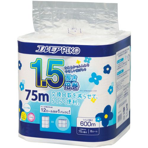 【送料無料】【個人宅届け不可】【法人（会社・企業）様限定】エルモア　ピコ　１．５倍巻トイレットロール　花の香り　シングル　７５ｍ　１セット（６４ロール：８ロール×８パック）
