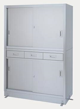 【新品/メーカー直送】シンコー 保管庫(ベース付) VD型(引出・上下ステンレス戸)2段式 SUS430 VD-12045 幅1200×奥行450×高さ1750(mm)