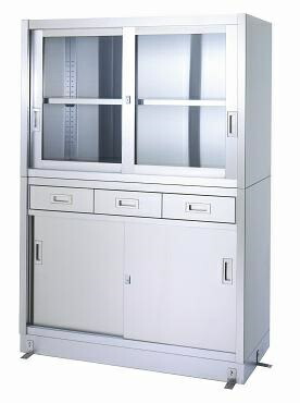 【新品/メーカー直送】シンコー 保管庫(ベース付) VDG型(引出・上ガラス戸・下ステンレス戸)2段式 SUS430 VDG-15045 幅1500×奥行450×高さ1750(mm)