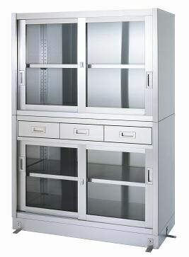【新品/メーカー直送】シンコー 保管庫(ベース付) VDGG型(引出・上下ガラス戸)2段式 SUS430 VDGG-9060 幅900×奥行600×高さ1750(mm)