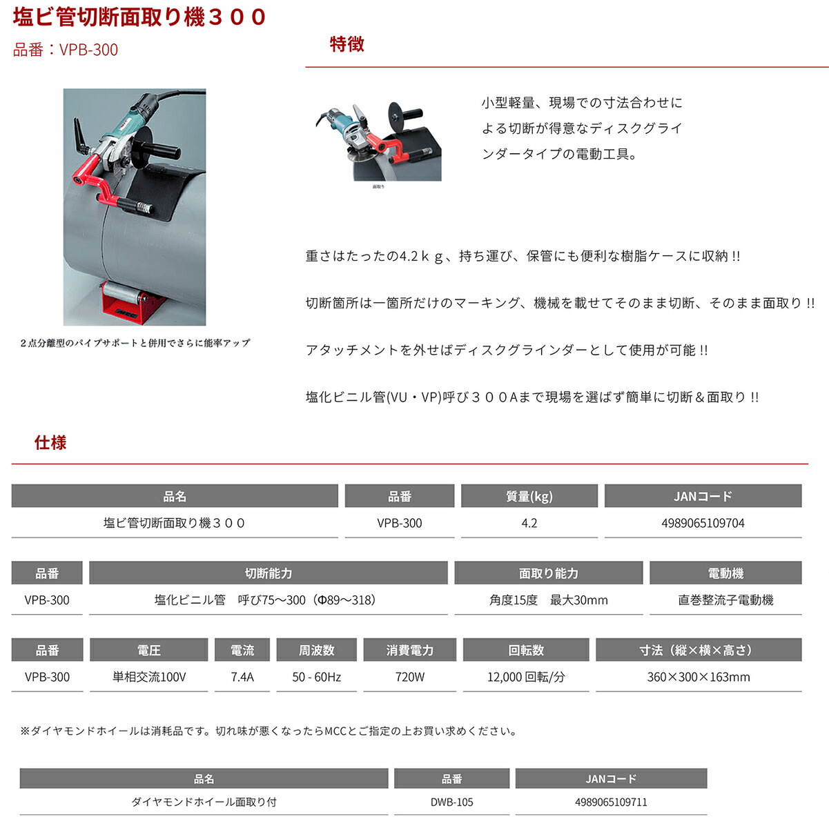 輝く高品質な BV-250 MCC 外面１５度 ＭＣＣ塩ビ管面取り工具 1