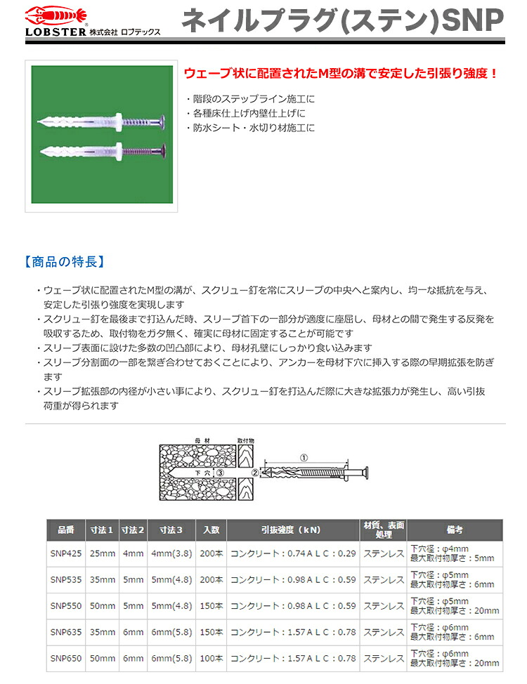 楽天市場 新品 数量限定 ロブテックス ネイルプラグ ステン Snp550 プロ工具のjapan Tool 楽天市場店