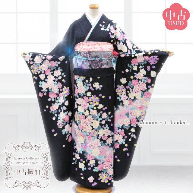 楽天市場】【送料無料】【中古】 振袖 正絹（展示品 ランクS 黒 赤 桜