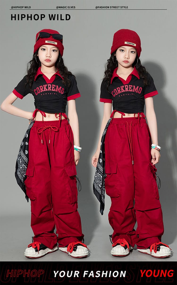 ダンス衣装 スーツ 子供服 女の子 へそ出し 黒 トップス tシャツ 長袖 半袖 キッズ ダンス衣装 セットアップ パンツ 赤 ロングパンツ カーゴパンツ ストリート 演出 舞台服 応援団 おしゃれ 110-180