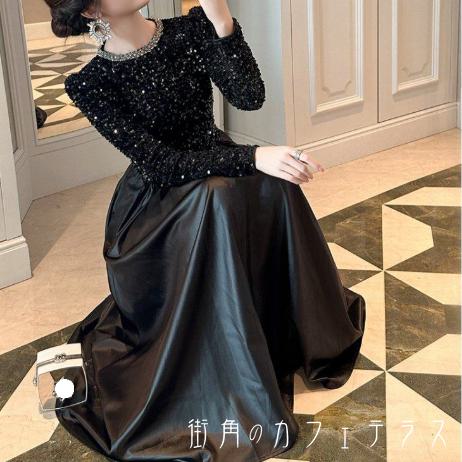ロングお召しものお召しものひざ丈ミモレA伝達ルート太陽フレア長袖Uネックキラキラビジュードッキング異原料品朦々たる出どころ雅びやか好いたらしい成年者好いたらしい好いたらしいめシンプルカジュアルシックコンサバ晴れ晴れしい成年者雅びやか格好のいい着飾る主人公級こなれ感高押し出し御前上等感無地冬30代