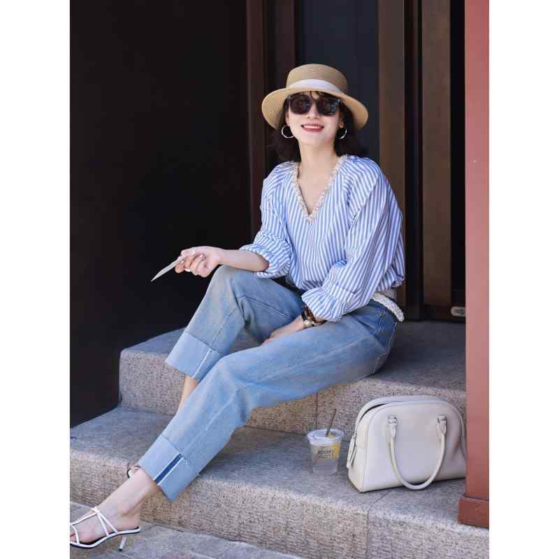 レディース シャツ 春夏 綿 ストライプ ゆったり フレンチスタイル カジュアル 通勤 トップス リラックスシルエット スリム効果 軽量 吸湿速乾｜ジャパンスタイルショップ