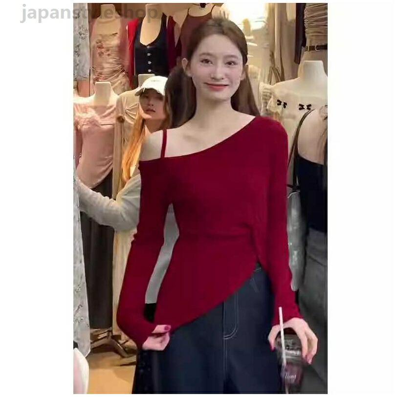 レディース トップス 長袖 オフショルダー Tシャツ 赤 春 大きめ サイズ展開 細見え アシンメトリー 肩出し インナー ゆったりシルエット 普段使い