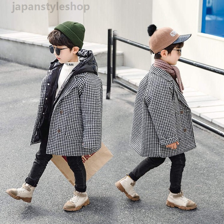 二点セット ダウンコート ベビー ジャケット コート セットアップ 子供服 キッズコート チェック 無地 ブラック 長袖 中綿 お出かけ ミディアム 暖かい 厚手コート 子供用 フード付き 防風防寒 卒業式 ダブルボタン 通園 ダウンジャケット アウター