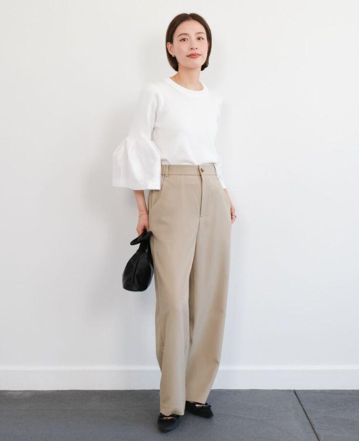 セミワイド パンツ ストレート ウエストゴム レディース きれいめ セットアップ ハイウエスト スタイルアップ オフィス セレモニー ベージュ ネイビー ブラック TRECODE トレコード 公式