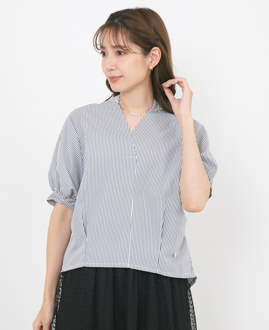 トレコード ストライプ半袖シャツ レディース 大人かわいい ブラウス Vネック 仕事着 オフィス きれいめ TRECODE 公式
