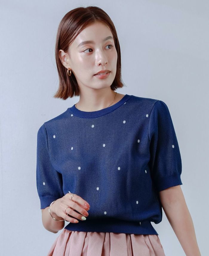 【300円OFFクーポン有｜20日23:59まで】【50％OFF】トレコード 公式 ドット柄サマーニット 大人可愛い 半袖 パフスリーブ ベージュ ピンク ネイビー グレー