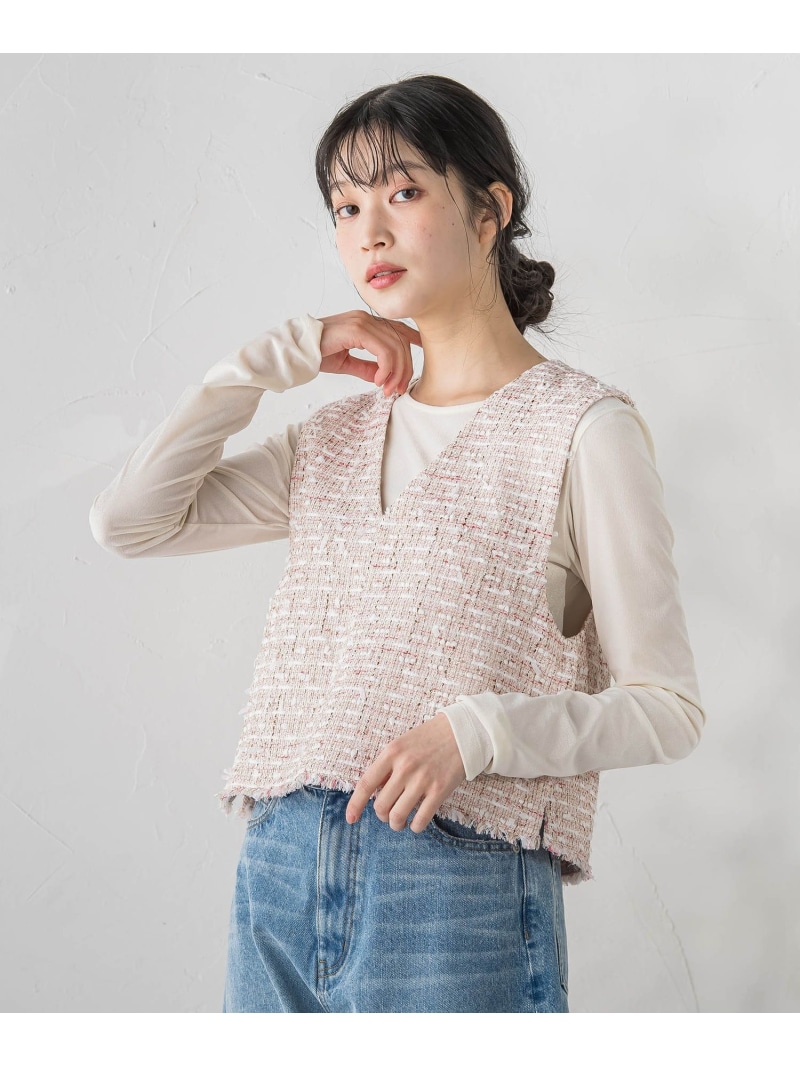 ミックスツィードベスト≪洗濯機で洗える≫ Droite lautreamont ドロワット・ロートレアモン ジャケット・アウター ダウンジャケット・ダウンベスト ピンク ホワイト ブラック【送料無料】[ Fashion]