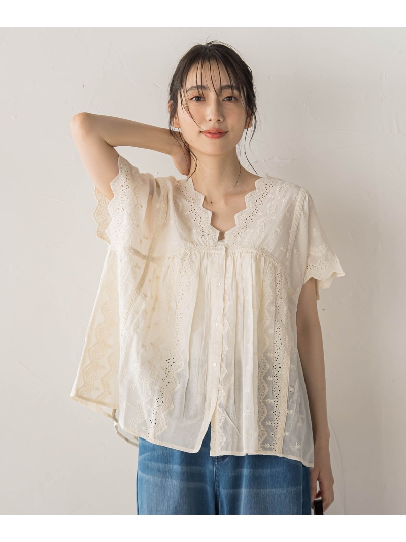 刺繍ハシゴレースブラウス Droite lautreamont ドロワット・ロートレアモン トップス シャツ・ブラウス ホワイト ブルー グレー【送料無料】[ Fashion]｜JAVA ONLINE